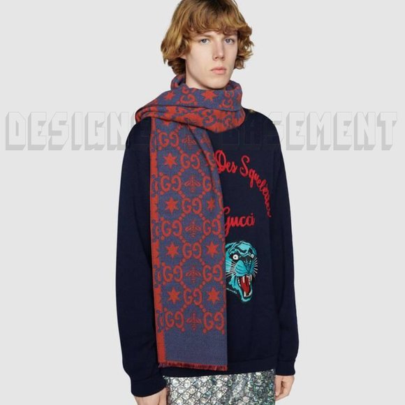GUCCI red & blue CONSTELLATION Bee GG Stars wool/silk reversible long scarf NWT - Picture 10 of 12